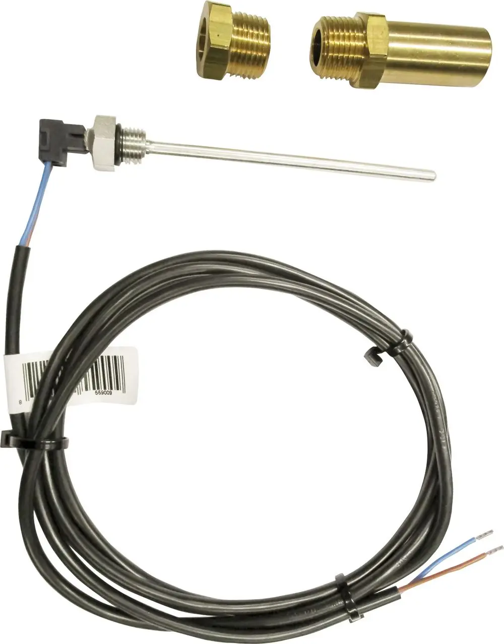 Fühlerset mit Metallsonde, Anschlusskabel und zwei Anschlussstücken aus Messing, geeignet für hydraulische Systeme, hergestellt von Bosch.